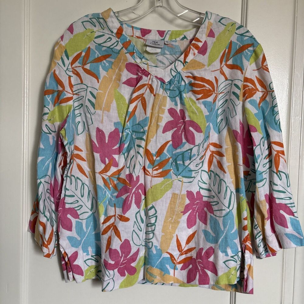 Hot Cotton Linen Top Petite L Popover Tunic Colorful Floral Summer